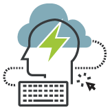 A drawing with a head, bolt and a keyboard symbolizing the automatic transcription service